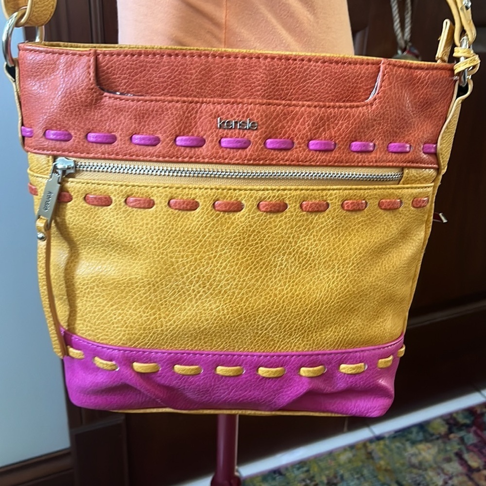 Kenzie  Crossbody or shoulder Bag  Bright pink, orange, goldenrod  10hx 12w x 3d - Picture 2 of 16